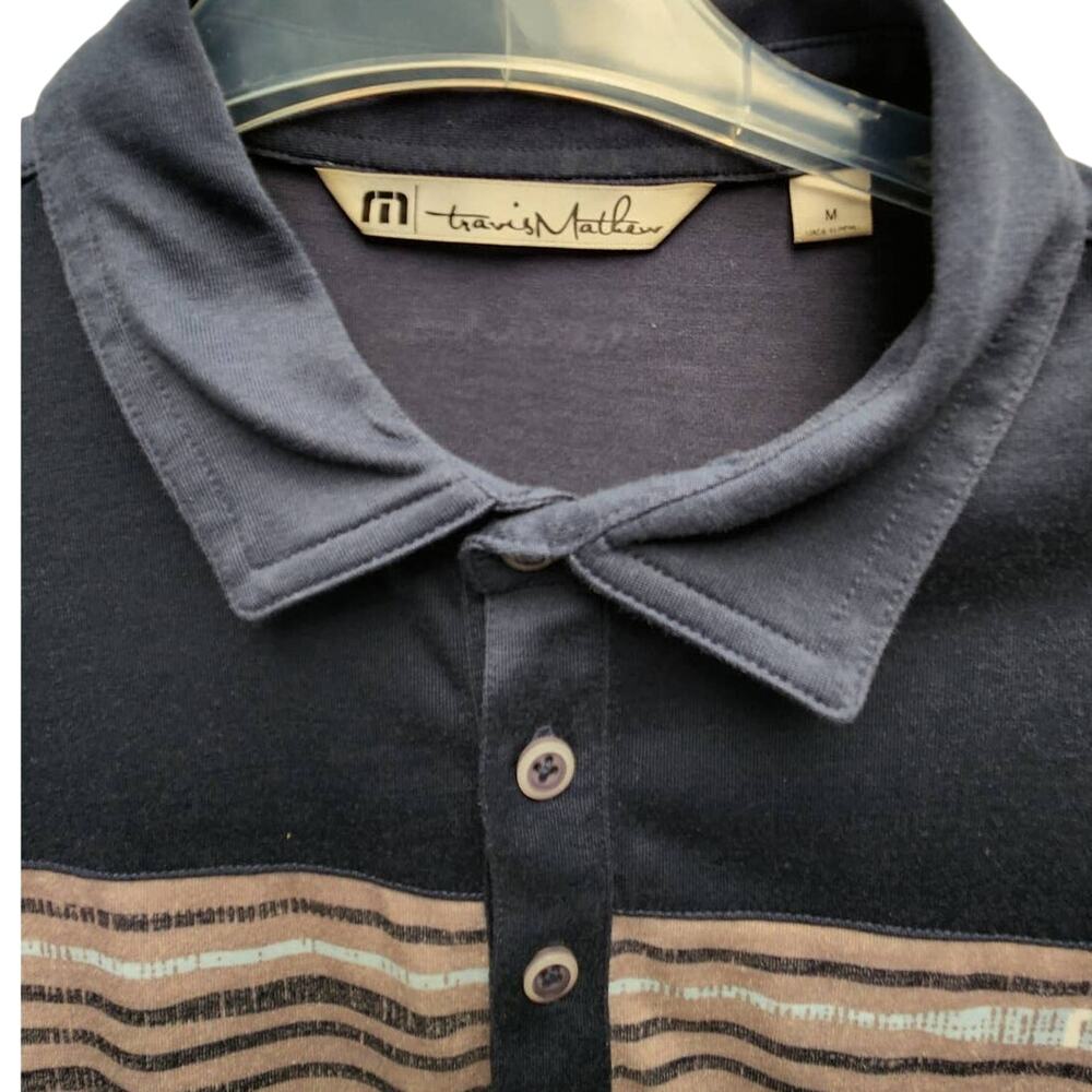 Travis Mathew Blue w/Beige & Brown Stripe Golf Shirt Men's Medium